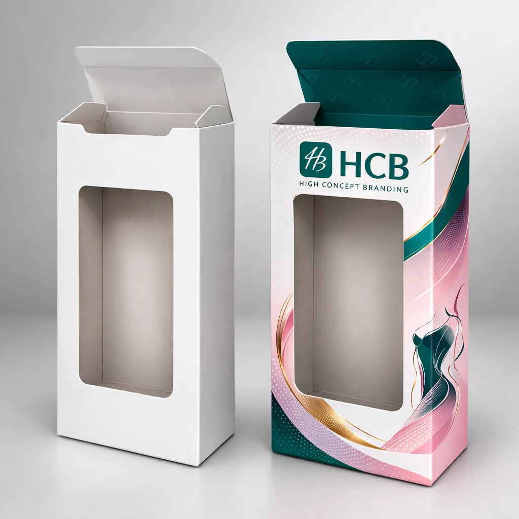 Two vertical boxes with large die-cut windows, one plain white and one with decorative teal patterns. class=